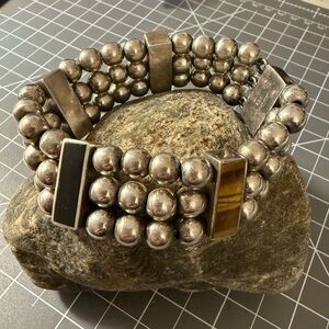 Mexico 925 Sterling Heavy 80g Multi-Strand Bead Bracelet Lapis, Onyx+